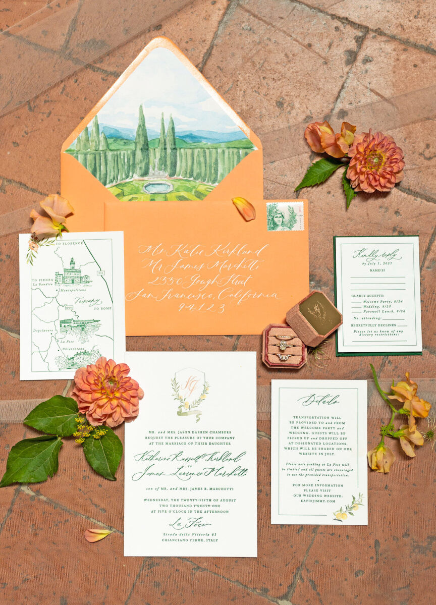 An invitation suite for a Tuscan wedding, boasting an illustration of the Italian villa where it took place lining the orange envelope.