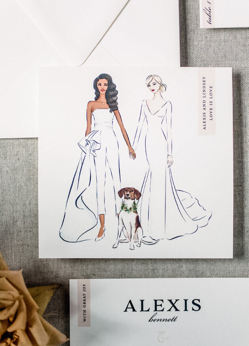 Wedding Tips: A piece of an invitation suite with an illustration of two brides holding hands while a dog sits between them. 